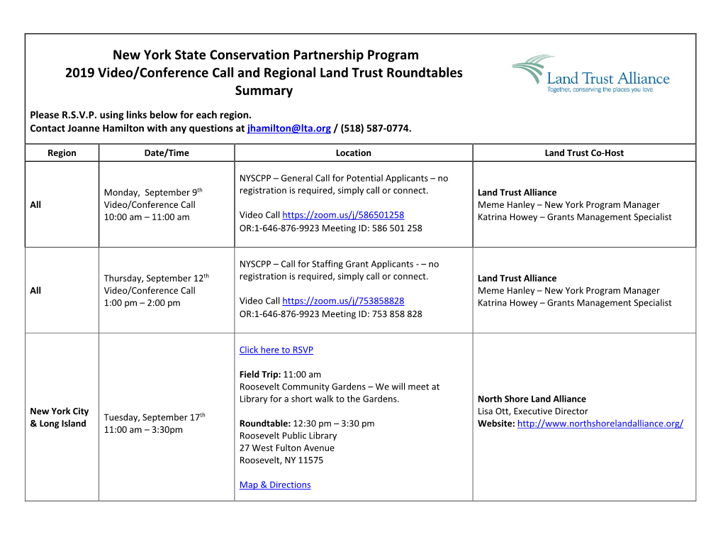 New York State Conservation Partnership Program 2019 Video/Conference Call and Regional Land Trust Roundtables Summary