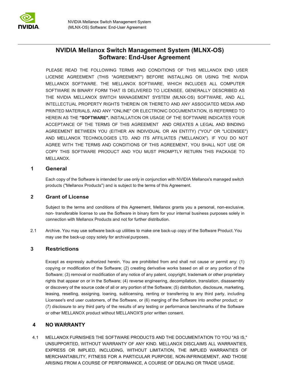 NVIDIA Mellanox Switch Management System (MLNX-OS) Software: End-User Agreement