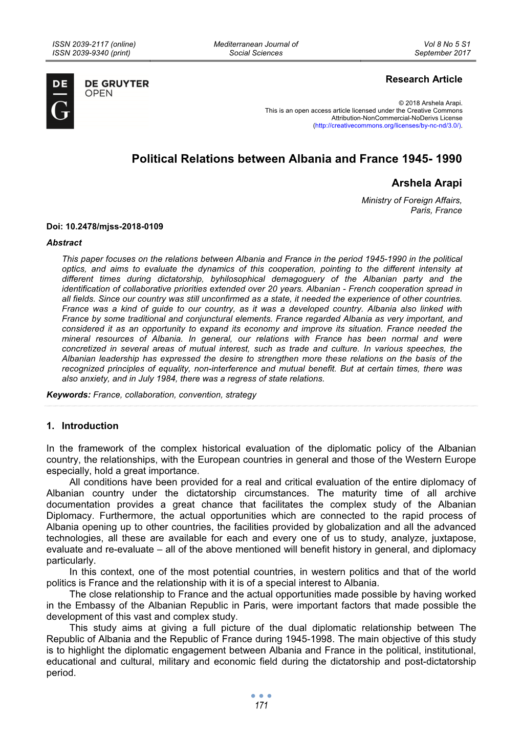 Political Relations Between Albania and France 1945- 1990