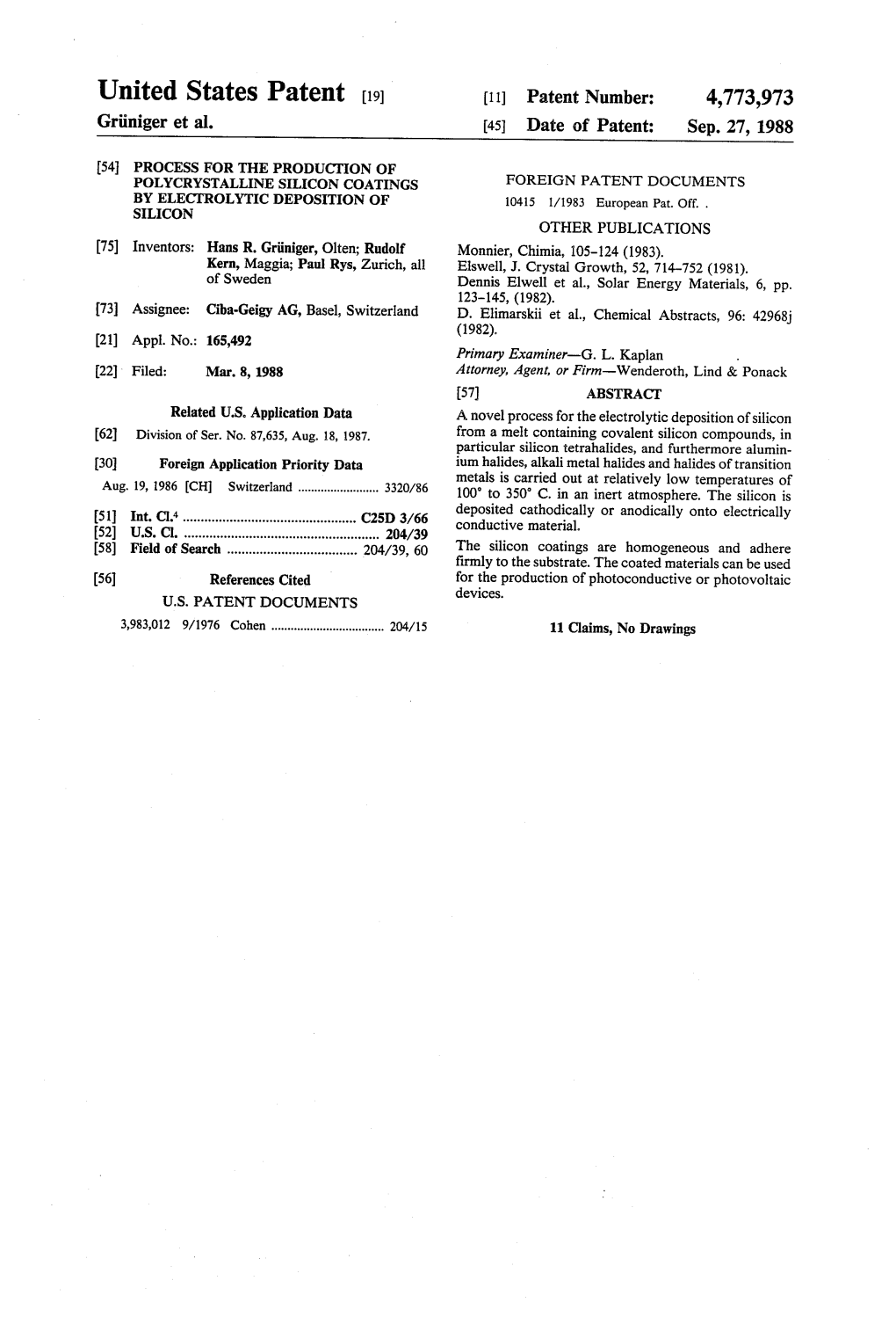 United States Patent [191 [11] Patent Number: 4,773,973 Griiniger Et Al