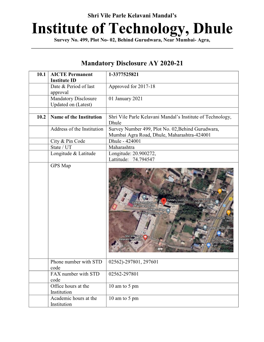 Institute of Technology, Dhule Survey No