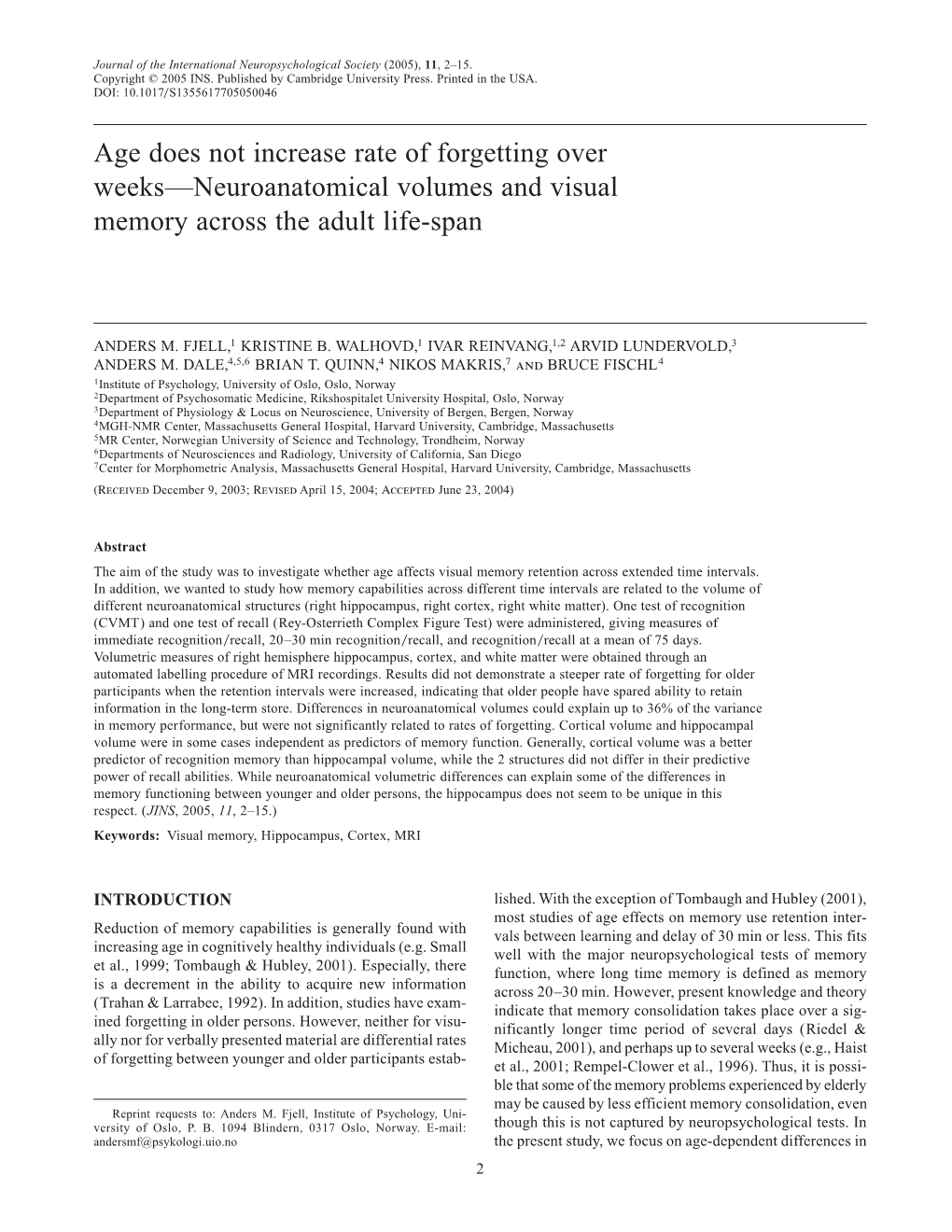 Neuroanatomical Volumes and Visual Memory Across the Adult Life-Span