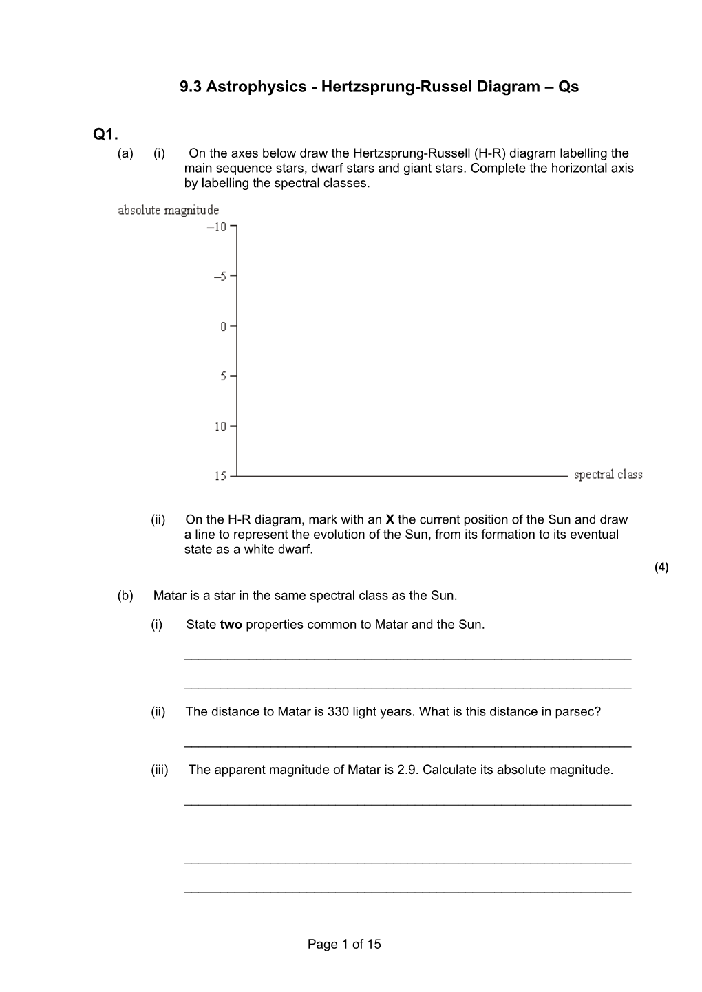 9.3 Astrophysics - Hertzsprung-Russel Diagram – Qs