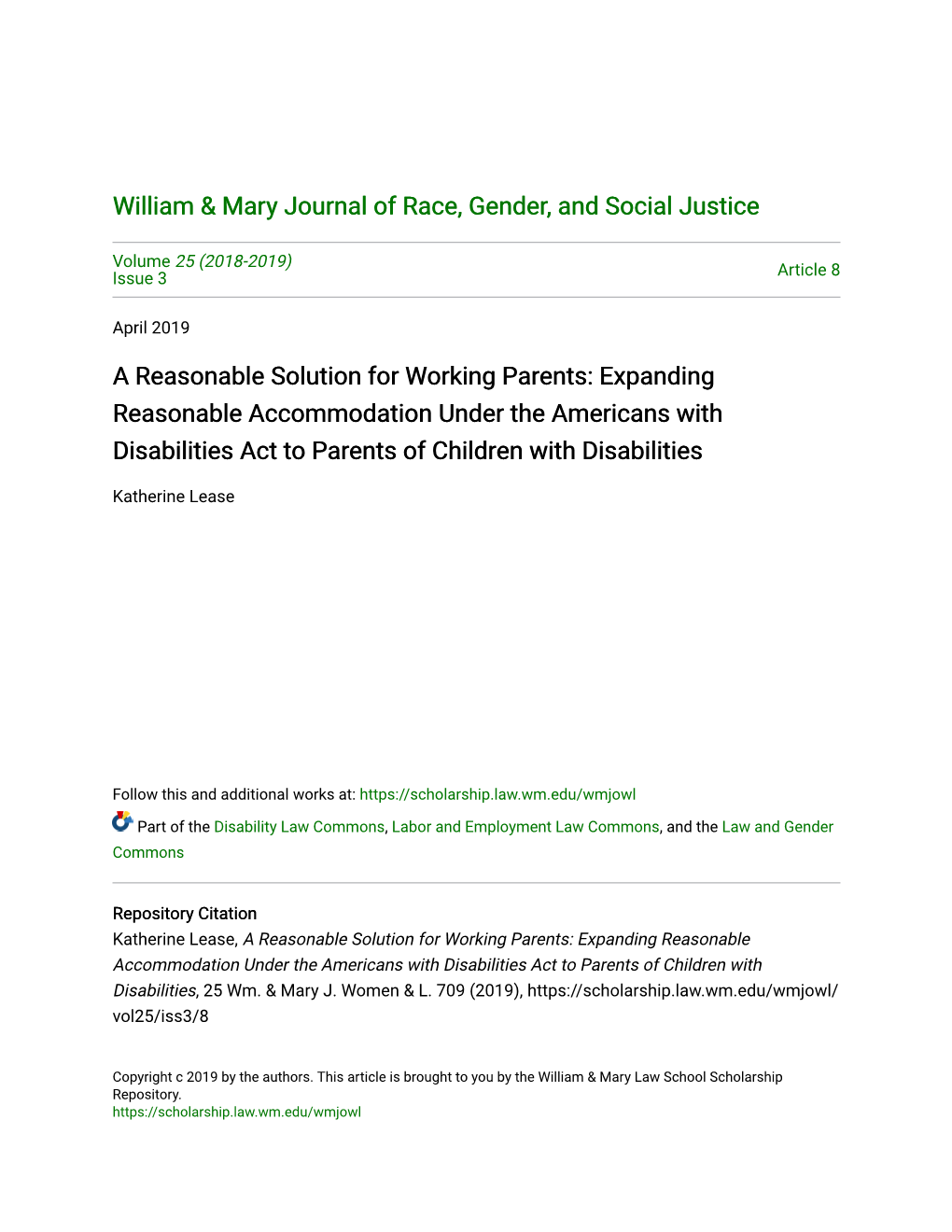 A Reasonable Solution for Working Parents: Expanding Reasonable Accommodation Under the Americans with Disabilities Act to Parents of Children with Disabilities