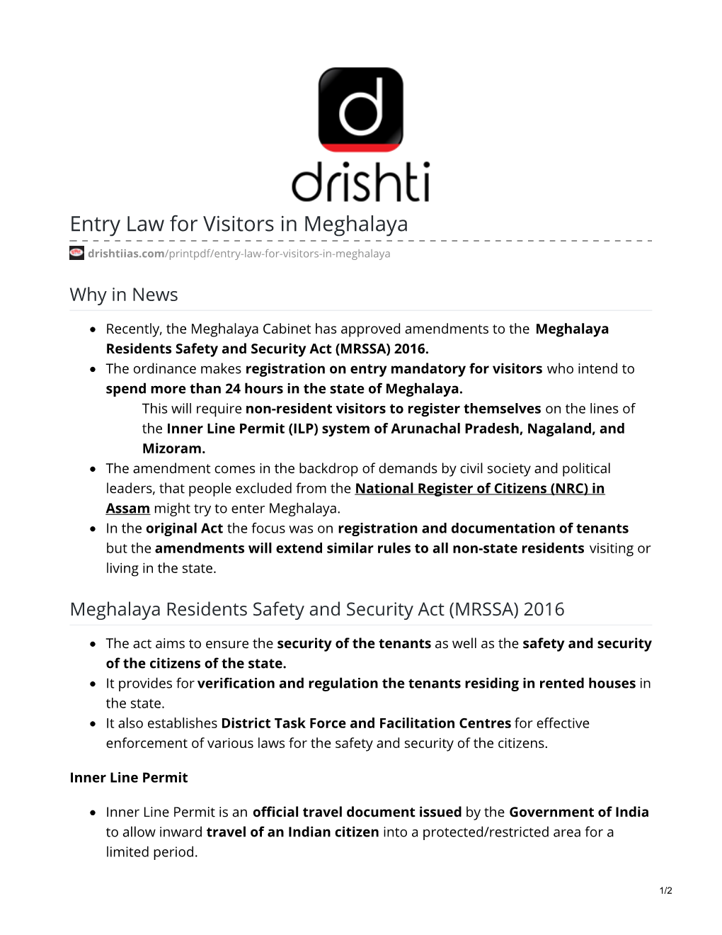 Entry Law for Visitors in Meghalaya