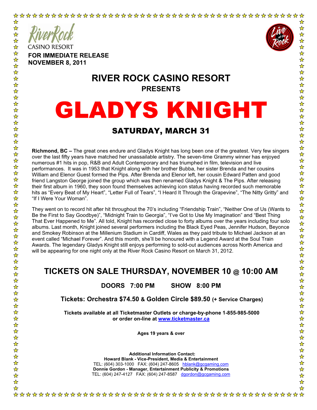 Gladys Knight Saturday, March 31