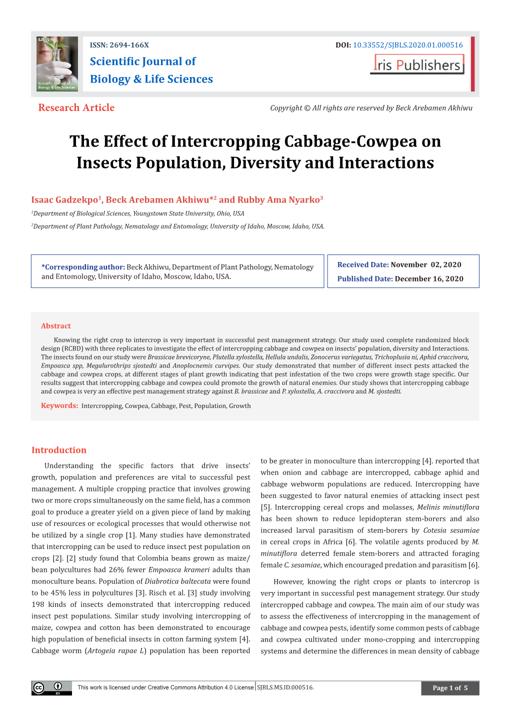 The Effect of Intercropping Cabbage-Cowpea on Insects Population, Diversity and Interactions