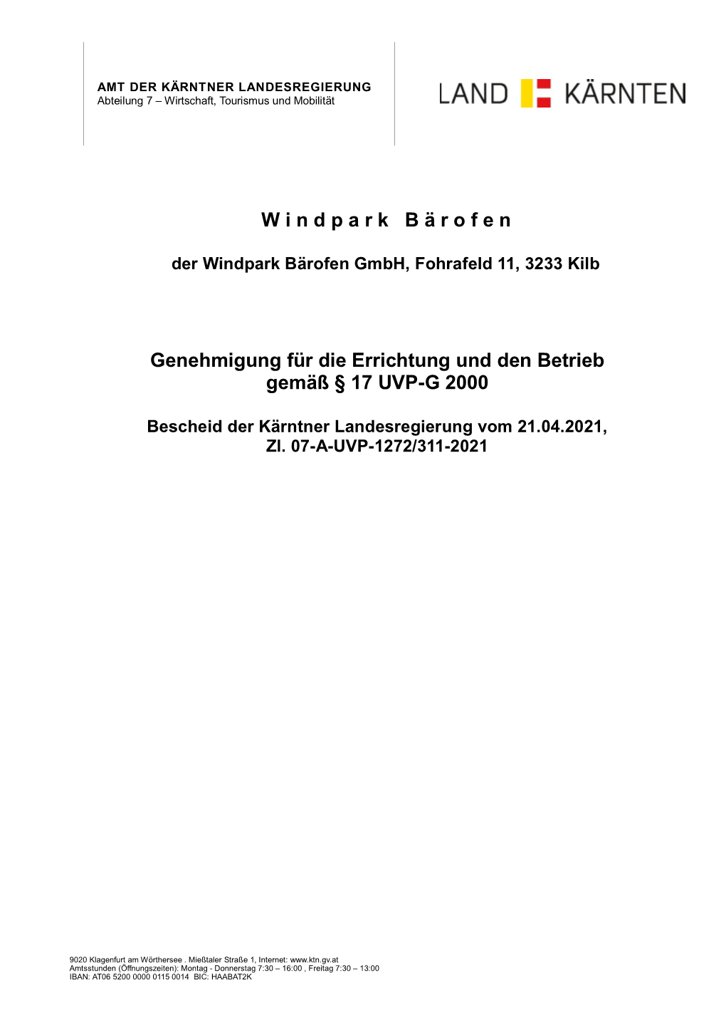 W I N D P a R K B Ä R O F E N Genehmigung Für Die Errichtung