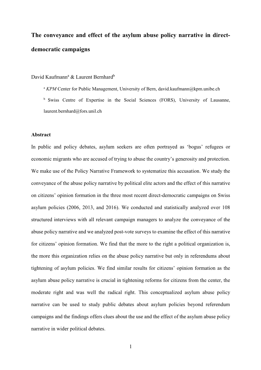 The Conveyance and Effect of the Asylum Abuse Policy Narrative in Direct- Democratic Campaigns