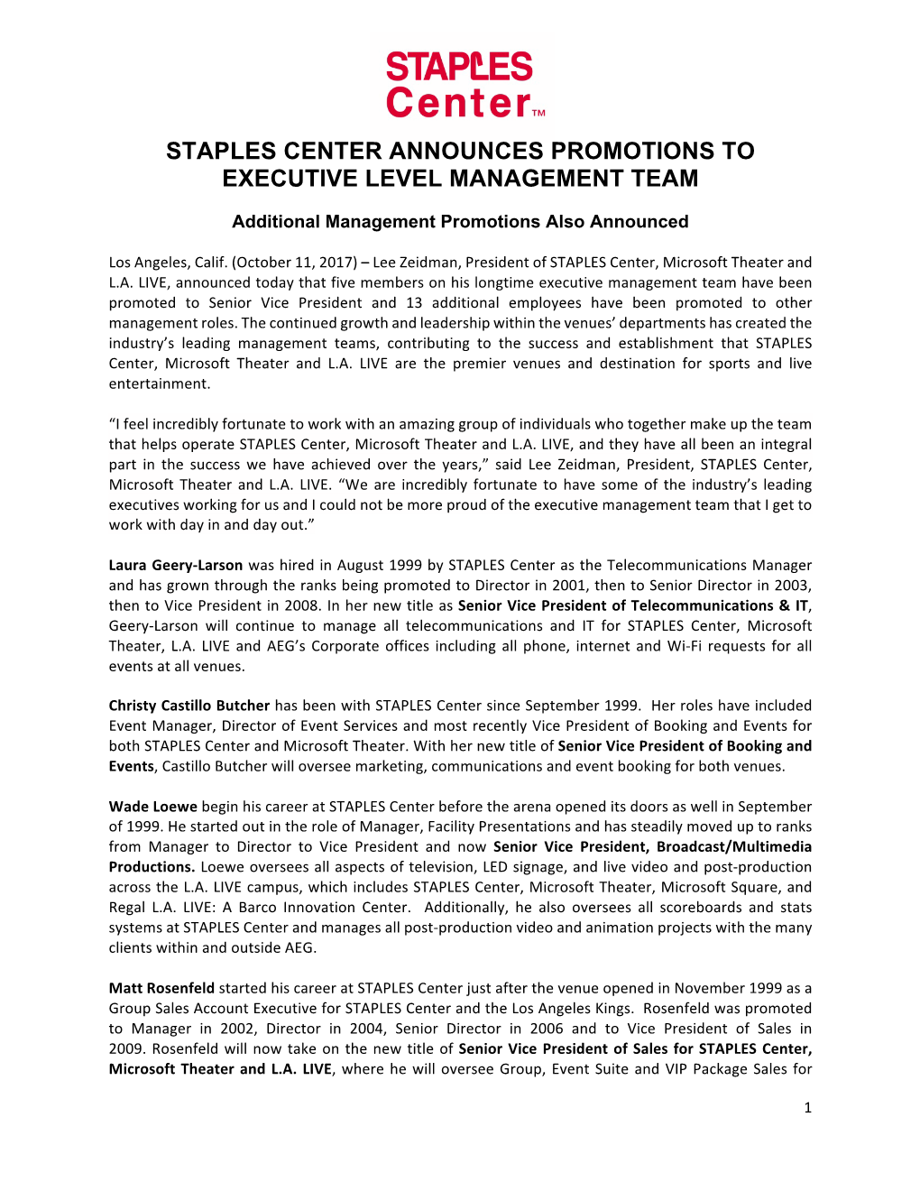 Staples Center Announces Promotions to Executive Level Management Team