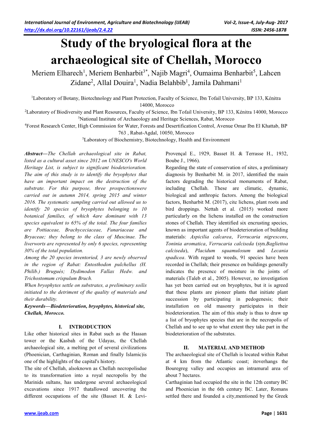Study of the Bryological Flora at the Archaeological Site of Chellah