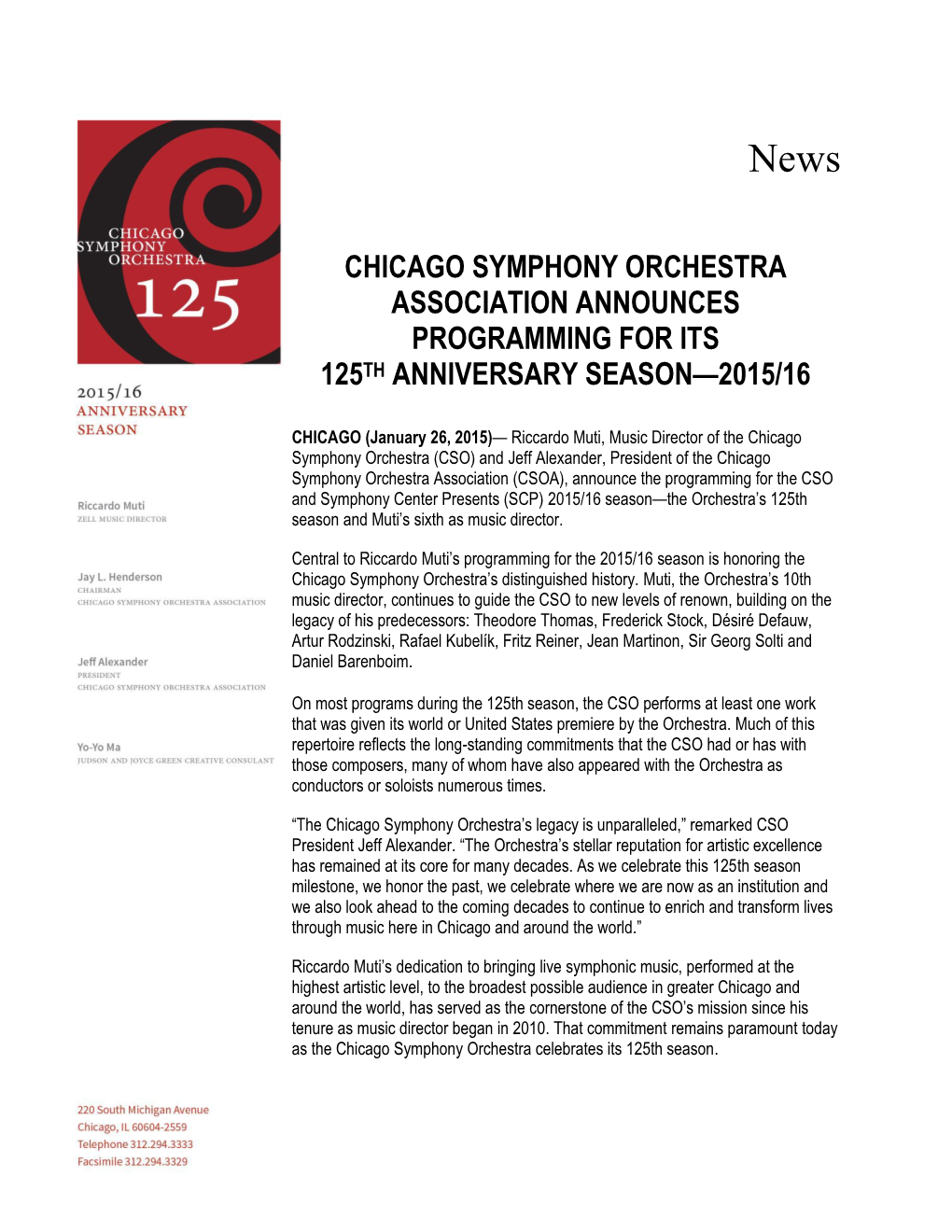 Chicago Symphony Orchestra Association Announces Programming for Its 125Th Anniversary Season—2015/16
