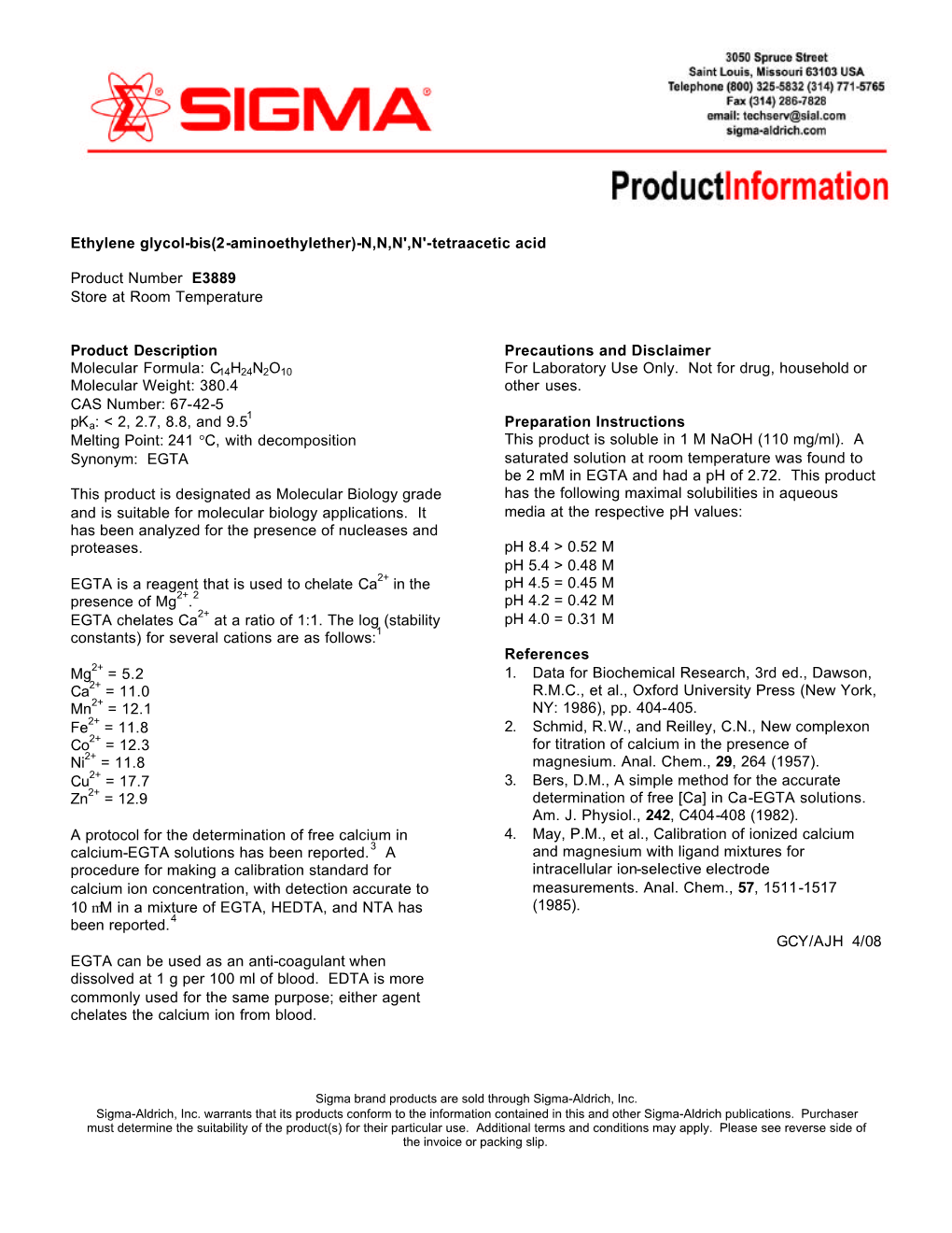 Tetraacetic Acid Product Number E3889 Store at Room Temperature