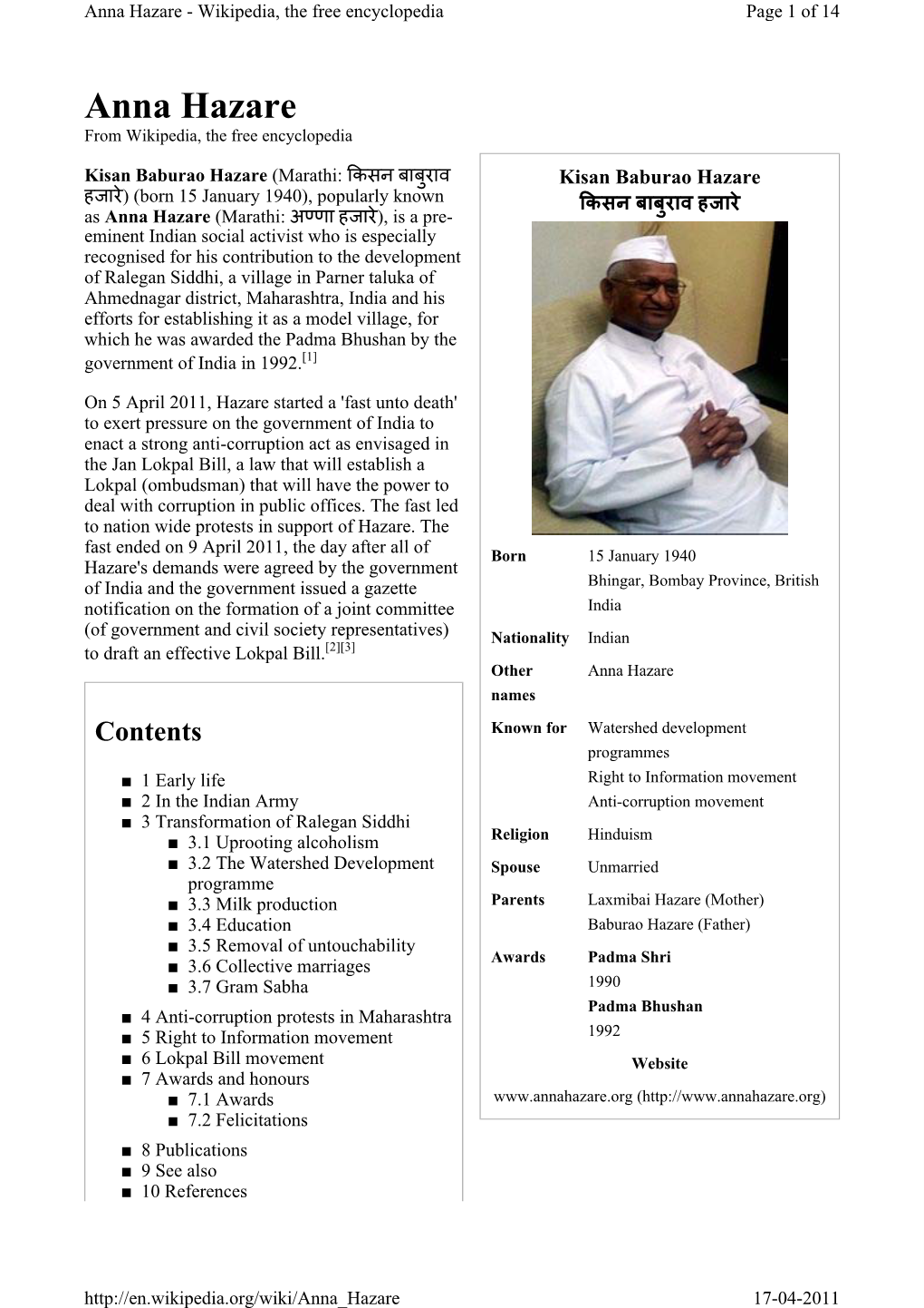 Anna Hazare - Wikipedia, the Free Encyclopedia Page 1 of 14