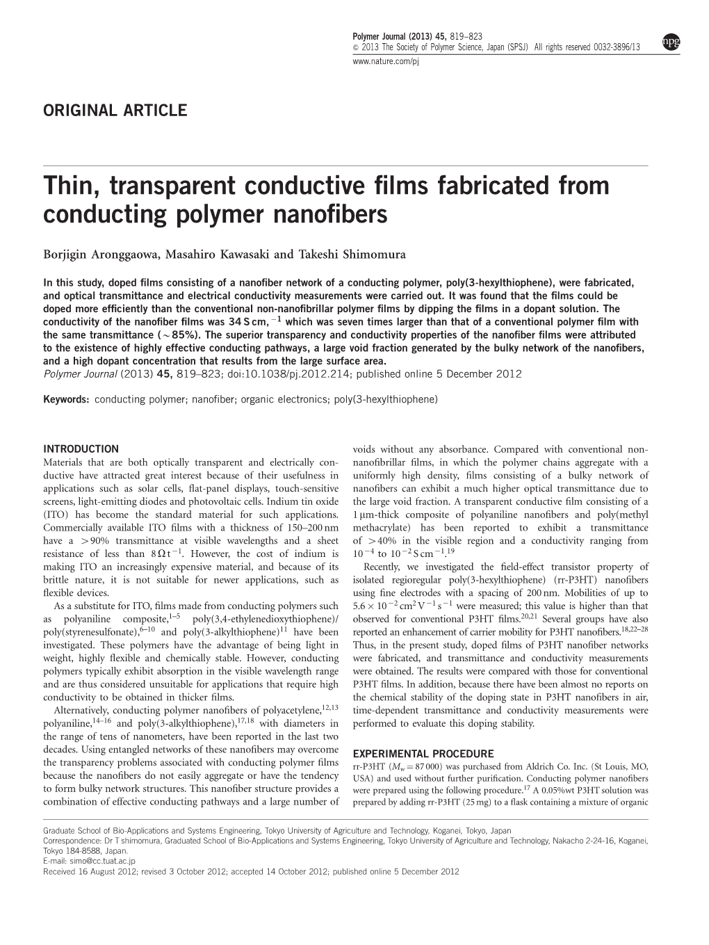 Thin, Transparent Conductive Films Fabricated from Conducting Polymer