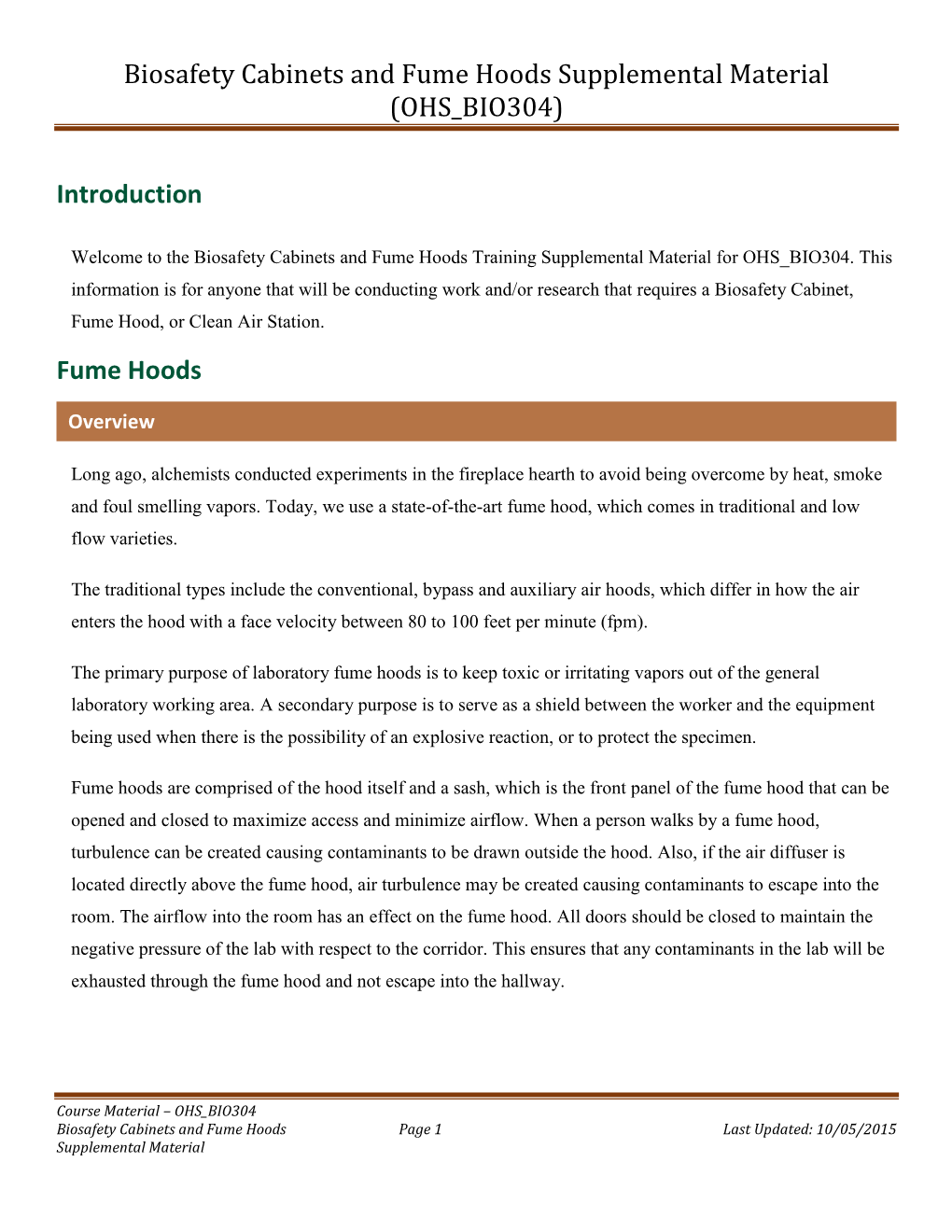 Biosafety Cabinets and Fume Hoods Supplemental Material (OHS BIO304)