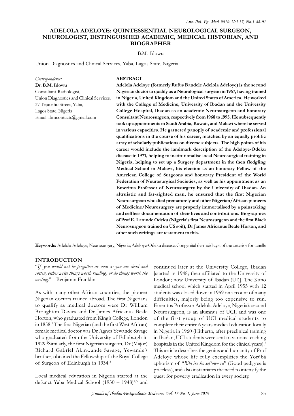 Adelola Adeloye: Quintessential Neurological Surgeon, Neurologist, Distinguished Academic, Medical Historian, and Biographer B.M