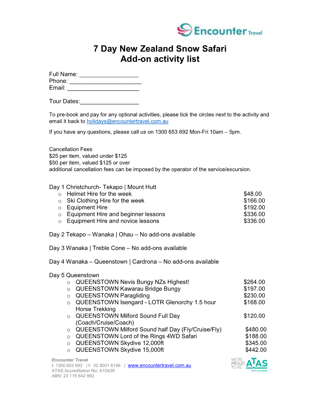 7 Day New Zealand Snow Safari Add-On Activity List