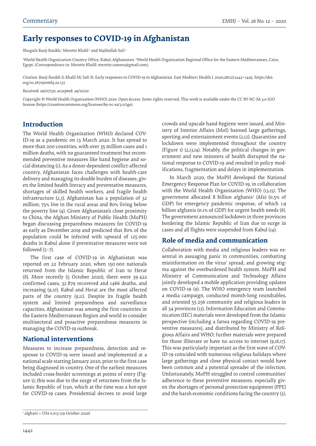 Early Responses to COVID-19 in Afghanistan