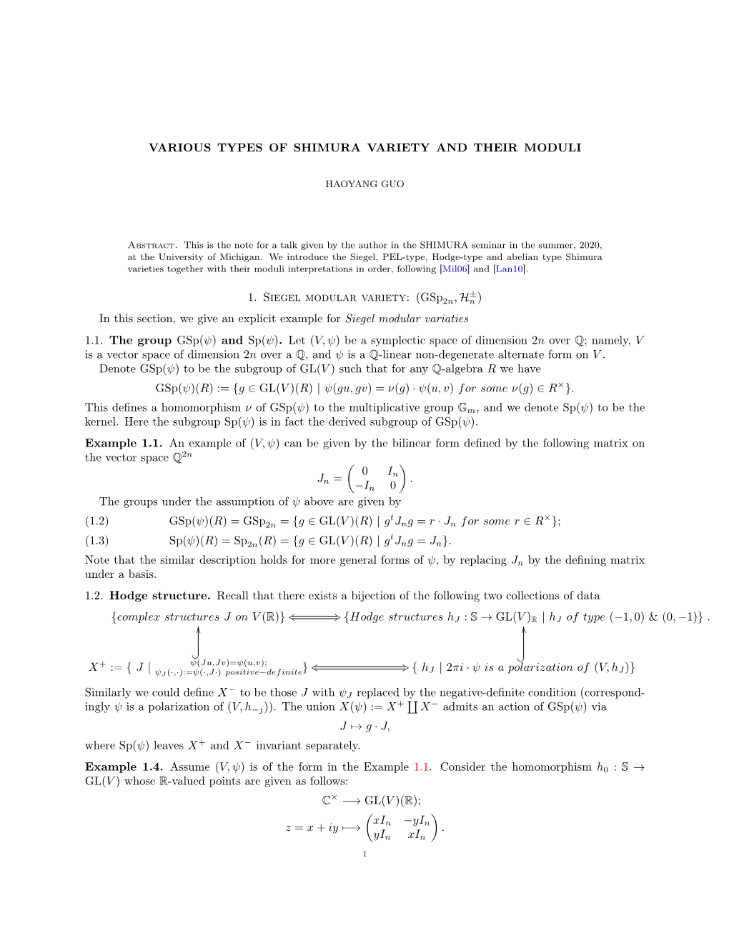 VARIOUS TYPES of SHIMURA VARIETY and THEIR MODULI 1. Siegel Modular Variety