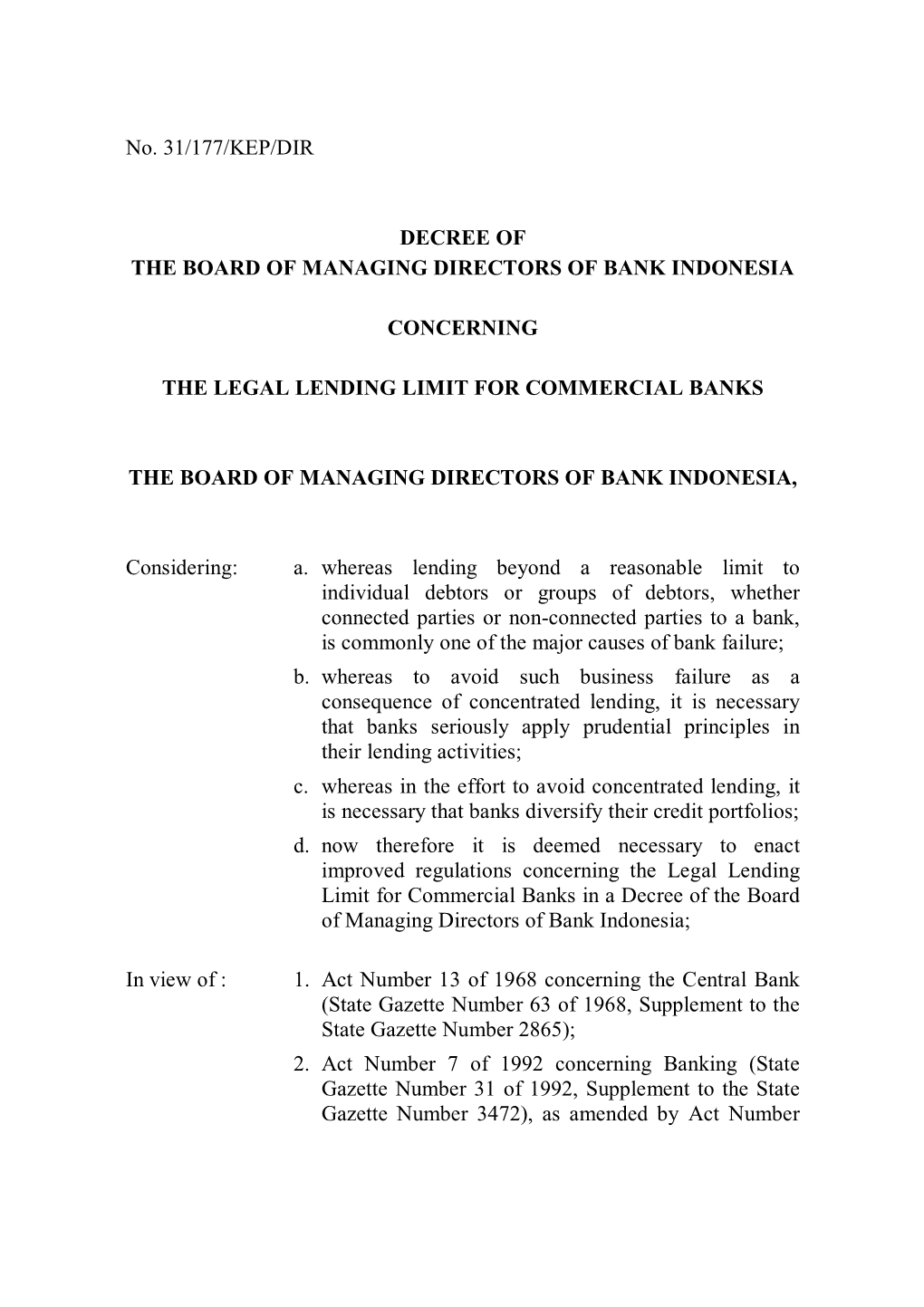 Decree of the Board of Managing Directors of Bank Indonesia