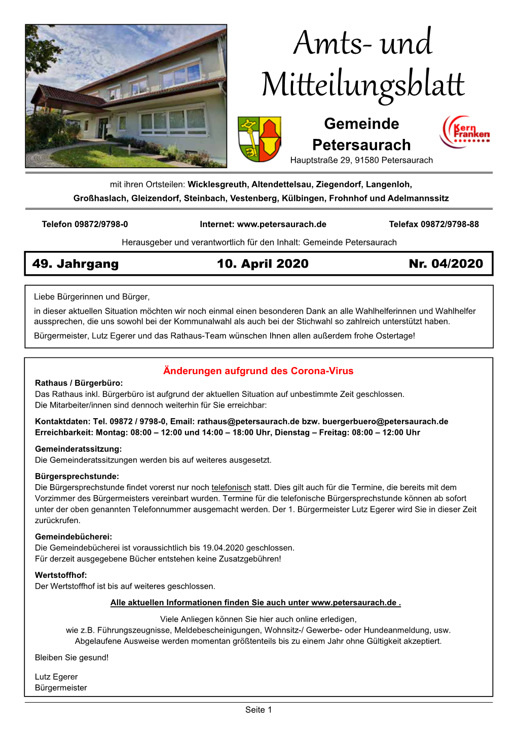 Amts- Und Mitteilungsblatt Gemeinde Petersaurach Hauptstraße 29, 91580 Petersaurach