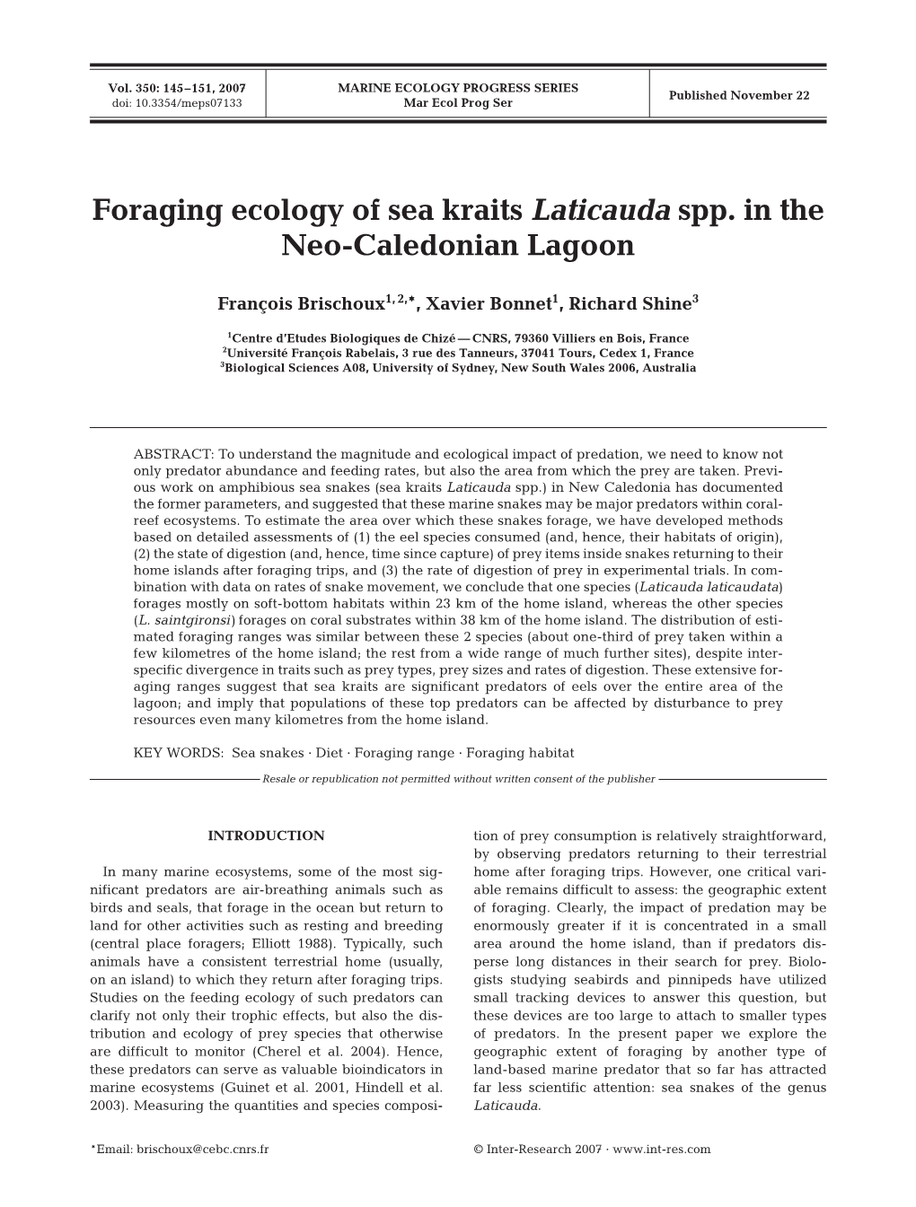 Foraging Ecology of Sea Kraits Laticauda Spp. in the Neo-Caledonian Lagoon