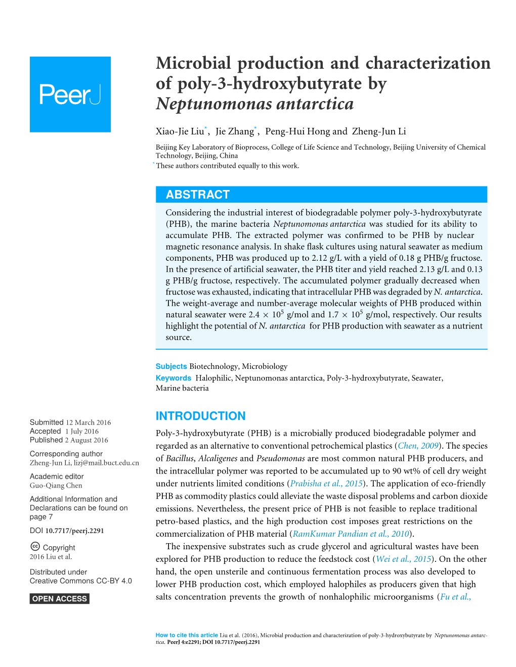 Microbial Production and Characterization of Poly-3-Hydroxybutyrate by Neptunomonas Antarctica