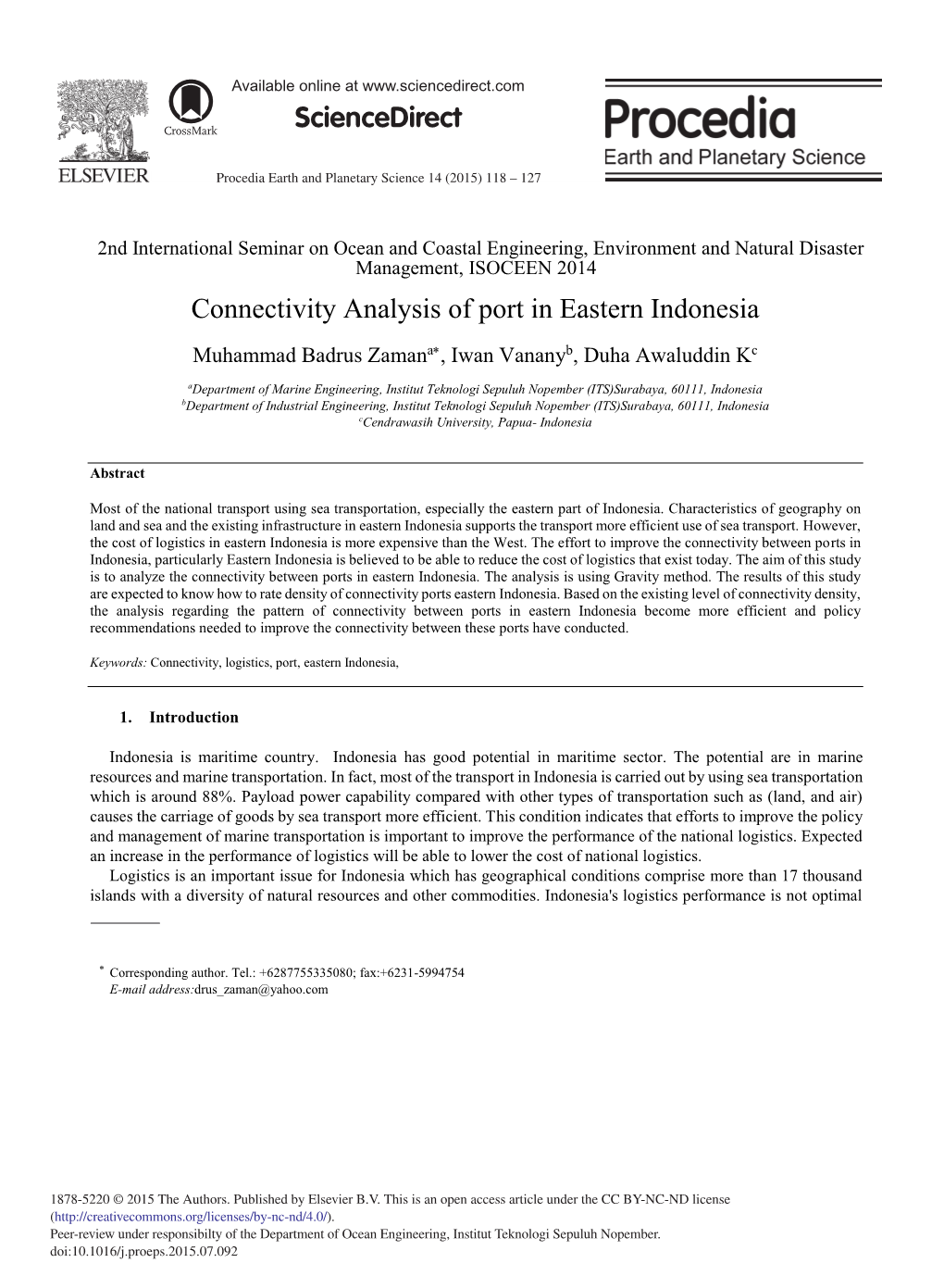 Connectivity Analysis of Port in Eastern Indonesia