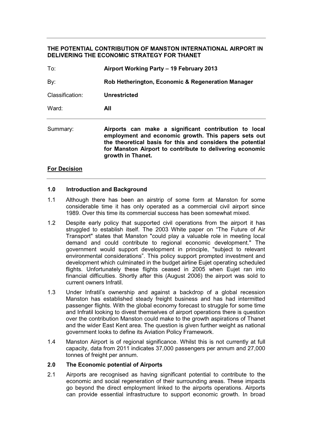 The Potential Contribution of Manston International Airport in Delivering the Economic Strategy for Thanet