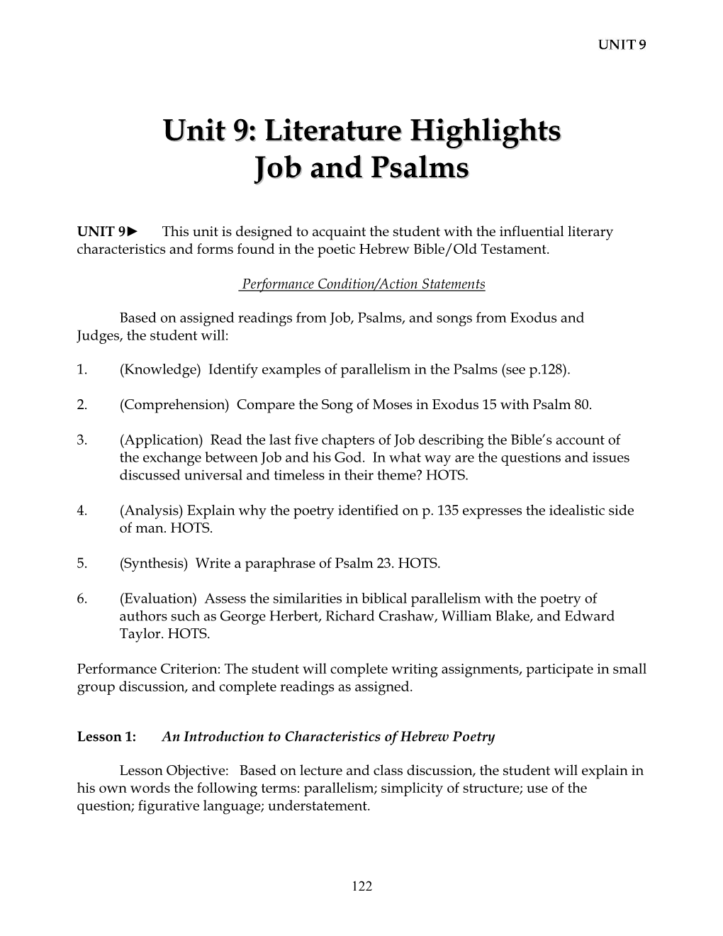 Unit 9: Literature Highlights Job and Psalms