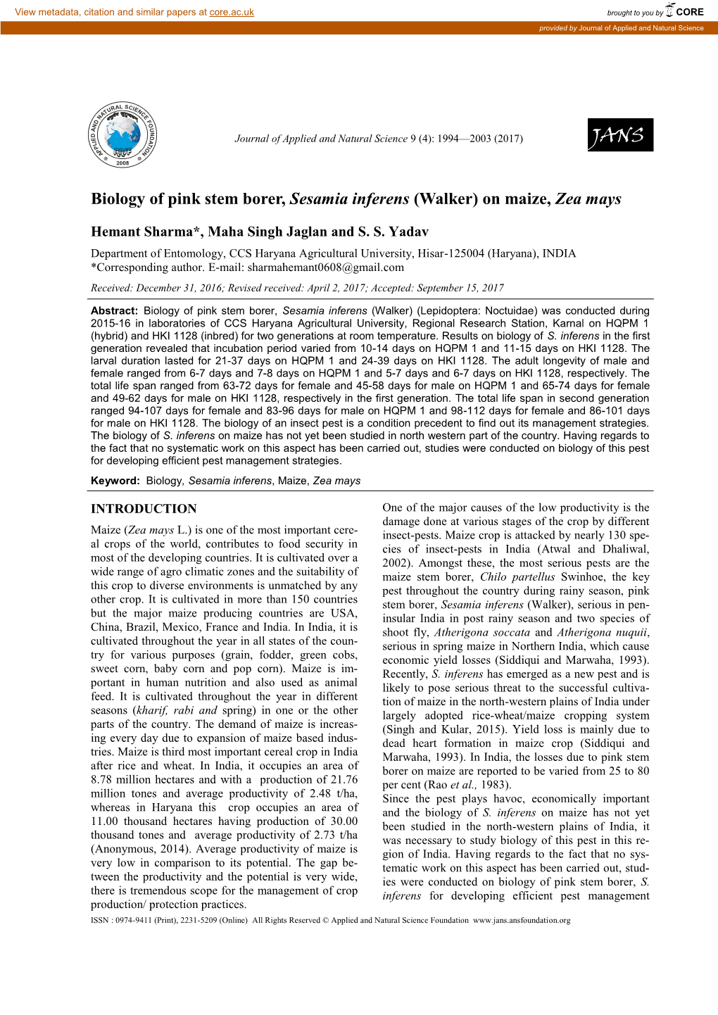 Biology of Pink Stem Borer, Sesamia Inferens (Walker) on Maize, Zea Mays