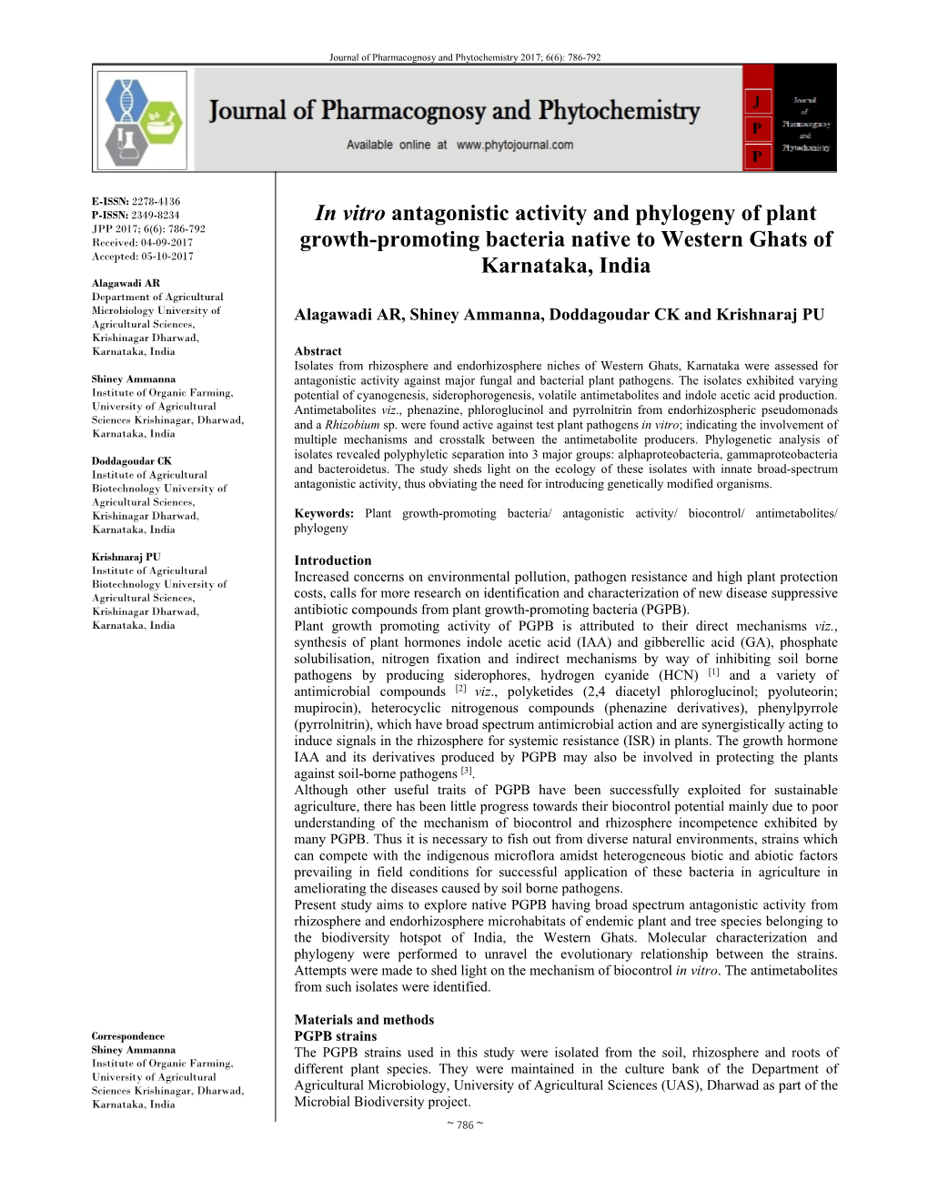 In Vitro Antagonistic Activity and Phylogeny of Plant Growth