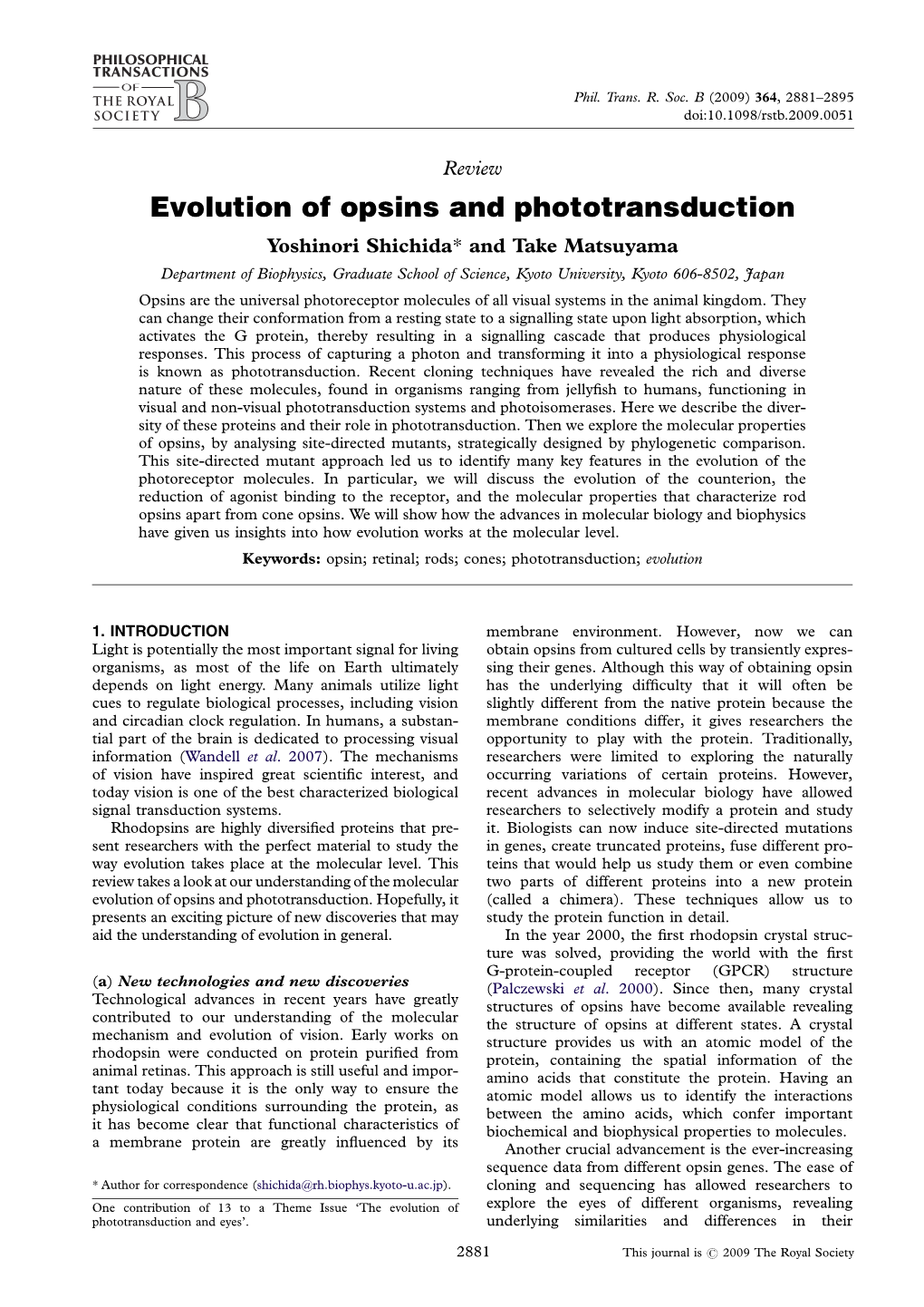 Evolution of Opsins and Phototransduction