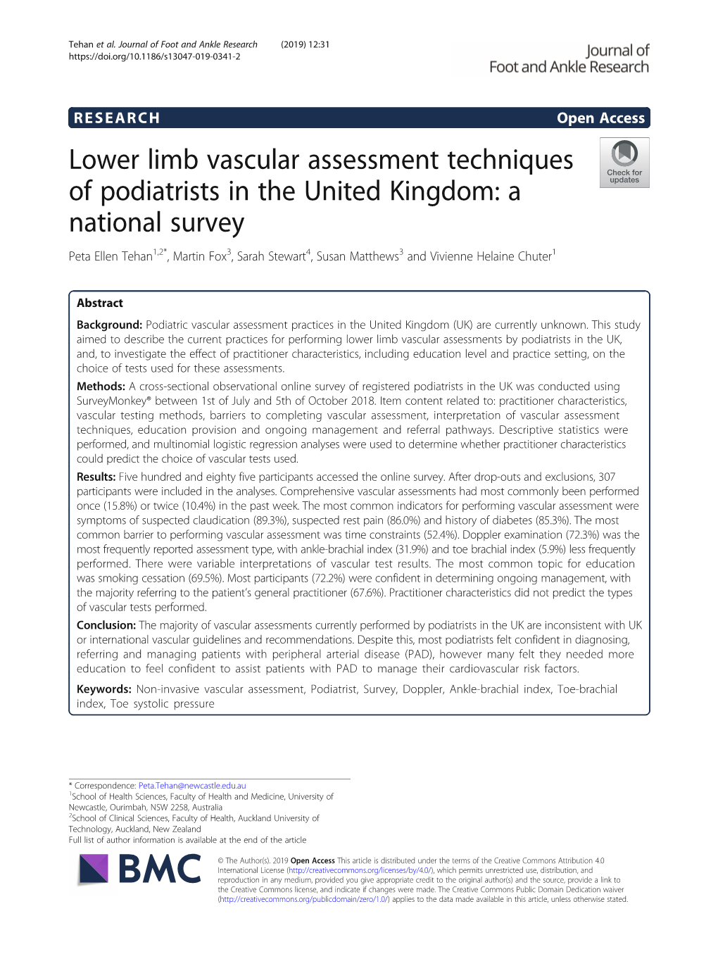 Lower Limb Vascular Assessment Techniques of Podiatrists in The