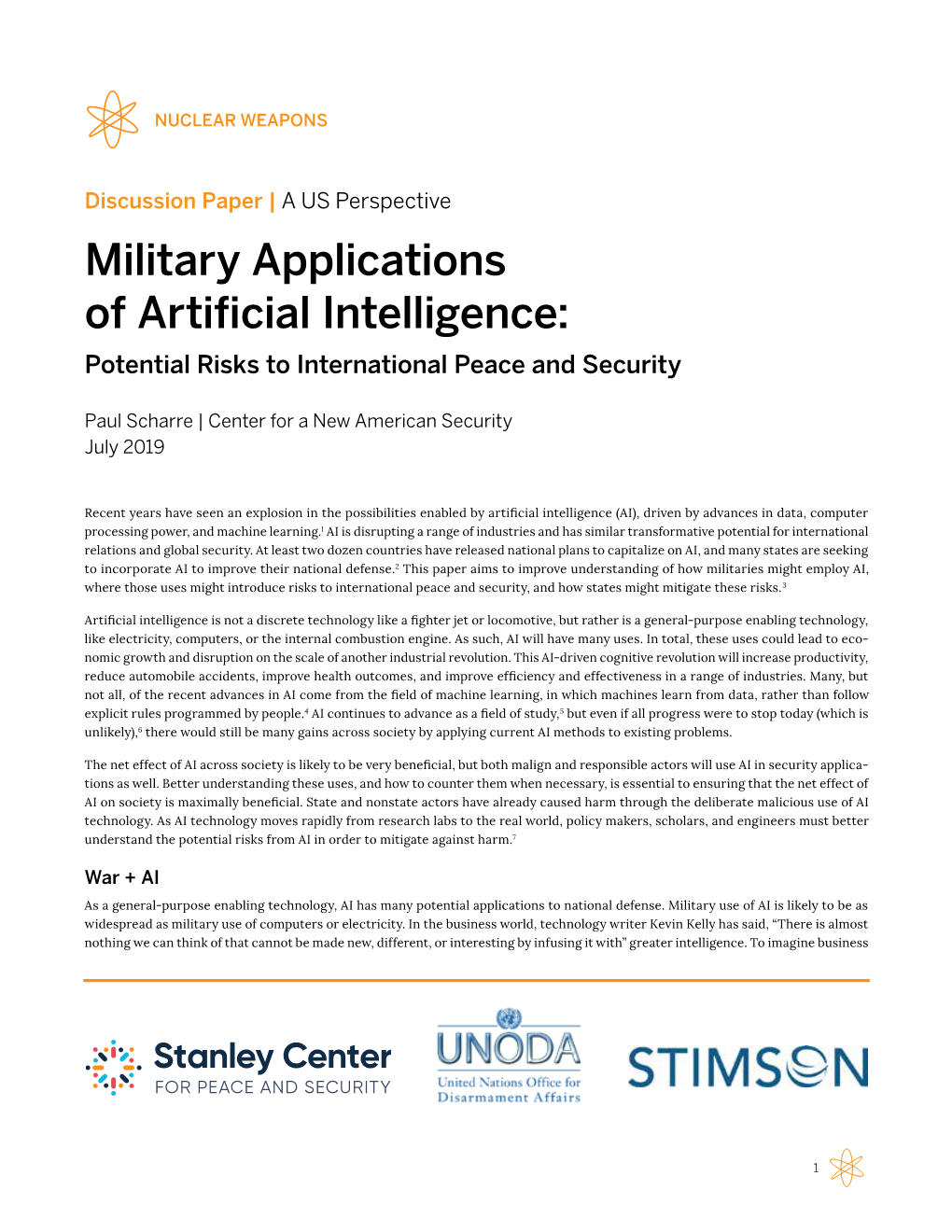 Military Applications of Artificial Intelligence: Potential Risks to International Peace and Security