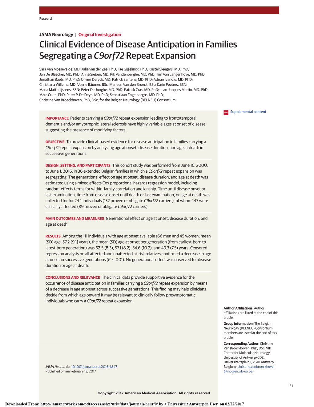 Clinical Evidence of Disease Anticipation in Families Segregating a C9orf72 Repeat Expansion