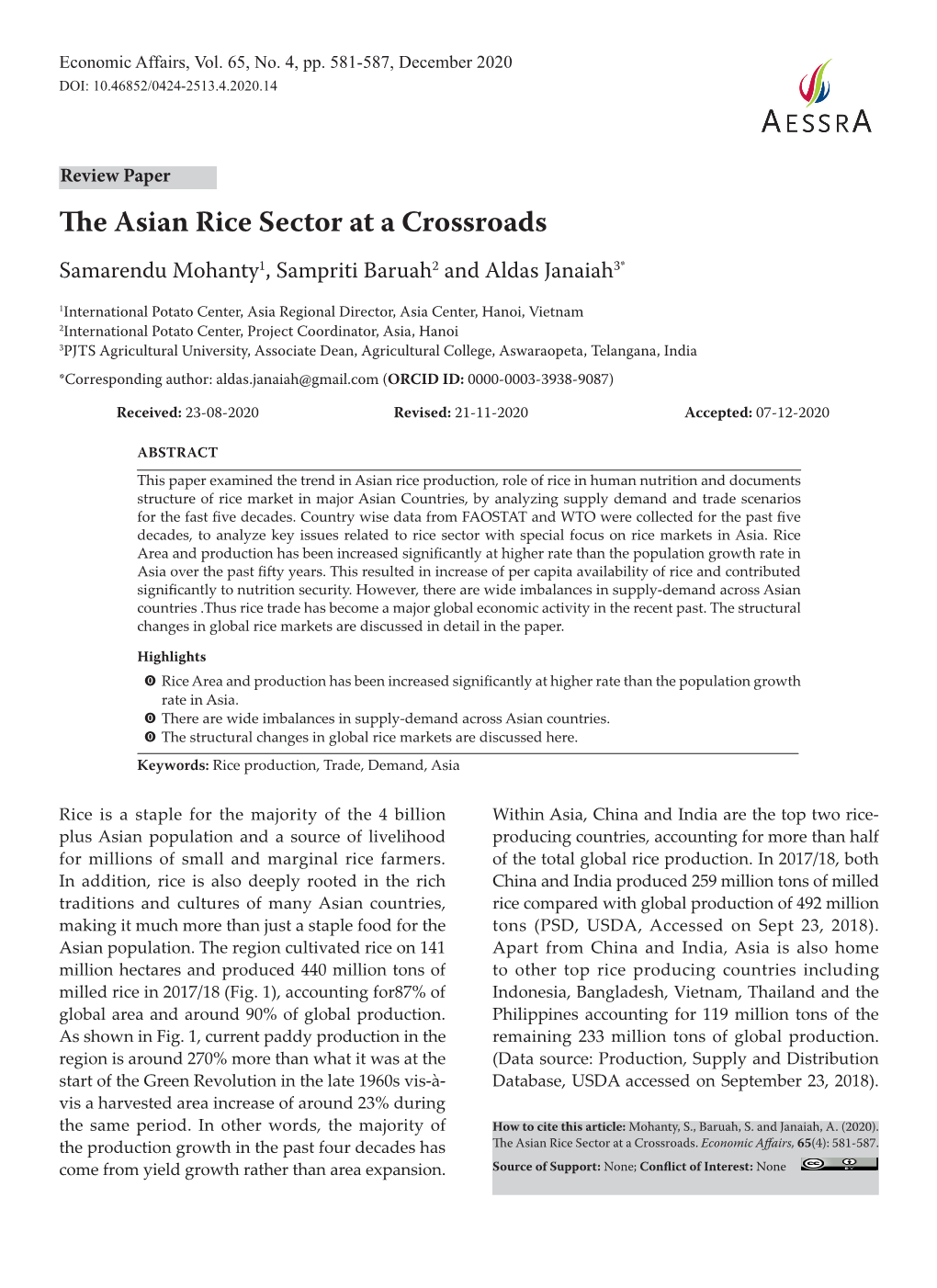 The Asian Rice Sector at a Crossroads Samarendu Mohanty1, Sampriti Baruah2 and Aldas Janaiah3*