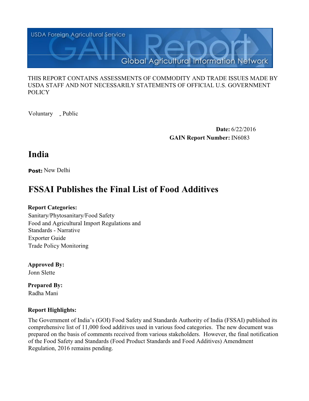 FSSAI Publishes the Final List of Food Additives India