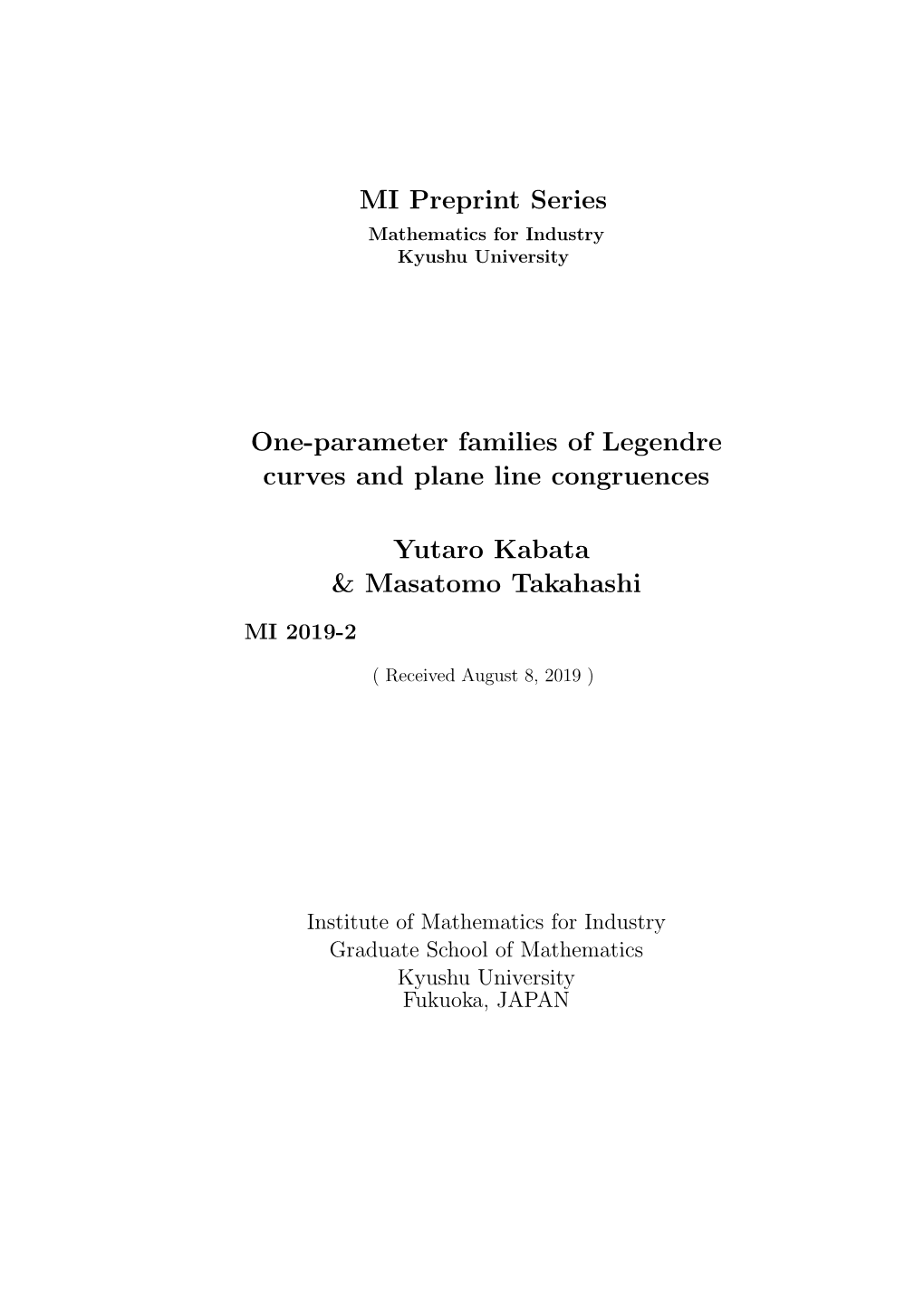 One-Parameter Families of Legendre Curves and Plane Line Congruences