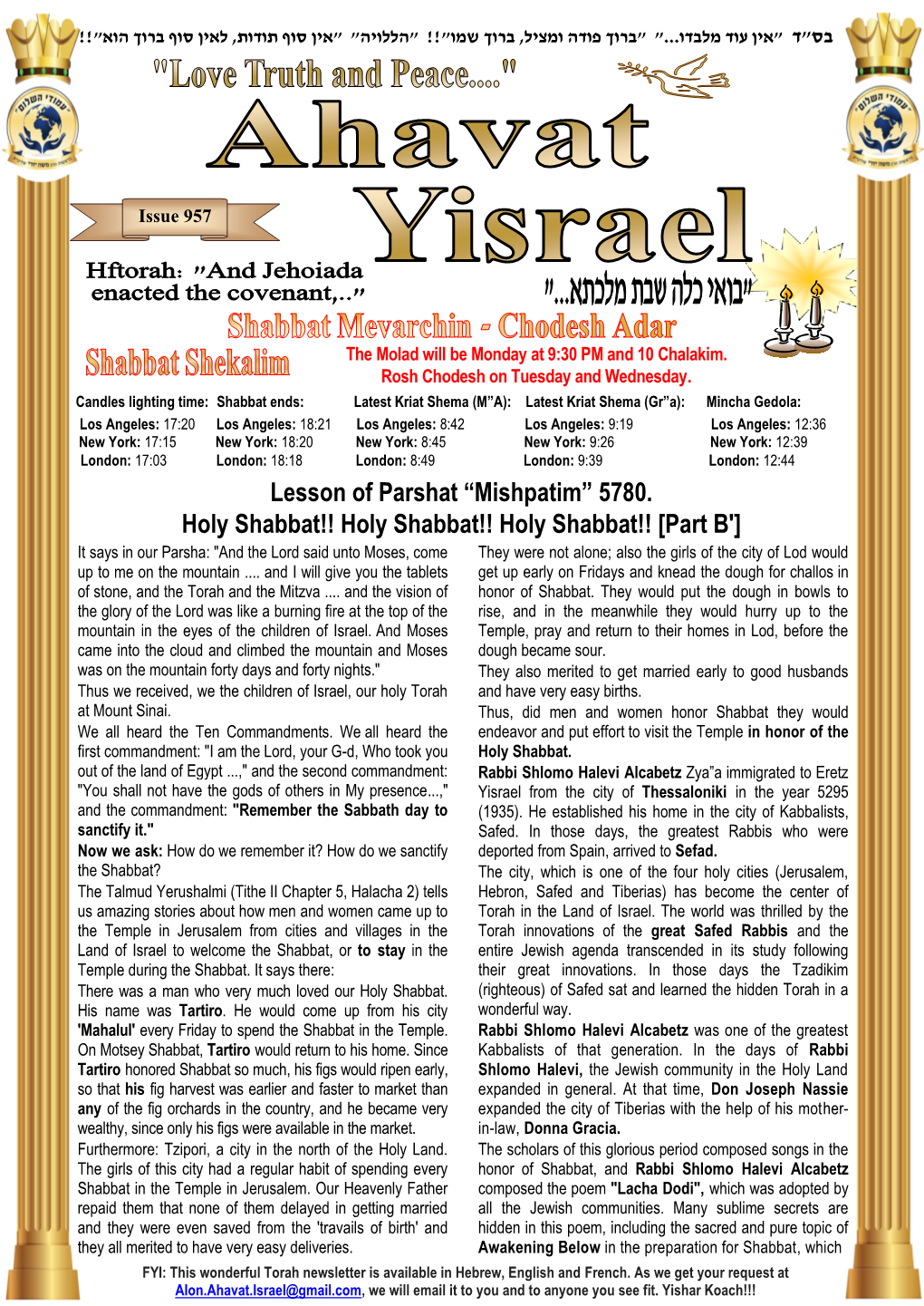 Lesson of Parshat “Mishpatim” 5780. Holy Shabbat!! Holy Shabbat!! Holy