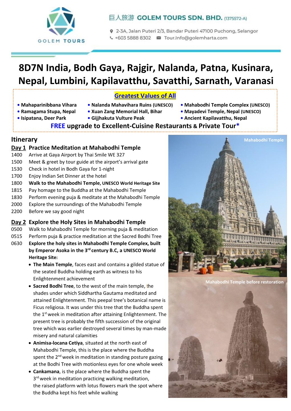 8D7N India, Bodh Gaya, Rajgir, Nalanda, Patna, Kusinara, Nepal, Lumbini, Kapilavatthu, Savatthi, Sarnath, Varanasi