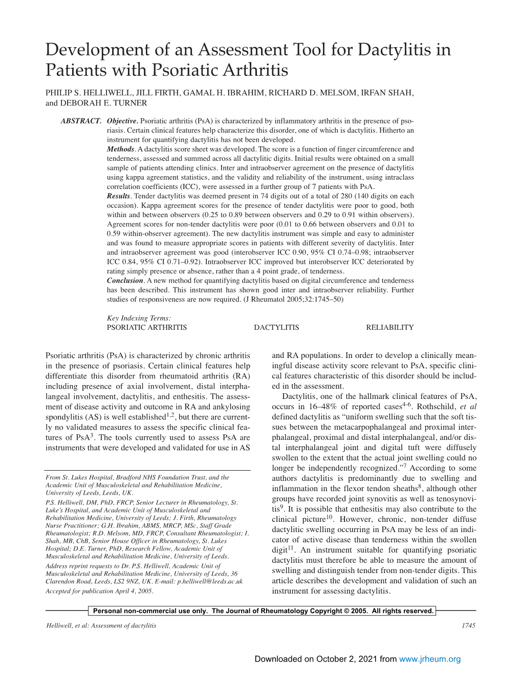 Development of an Assessment Tool for Dactylitis in Patients with Psoriatic Arthritis PHILIP S