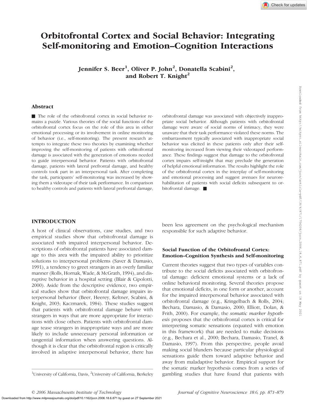 Orbitofrontal Cortex and Social Behavior: Integrating Self-Monitoring and Emotion–Cognition Interactions