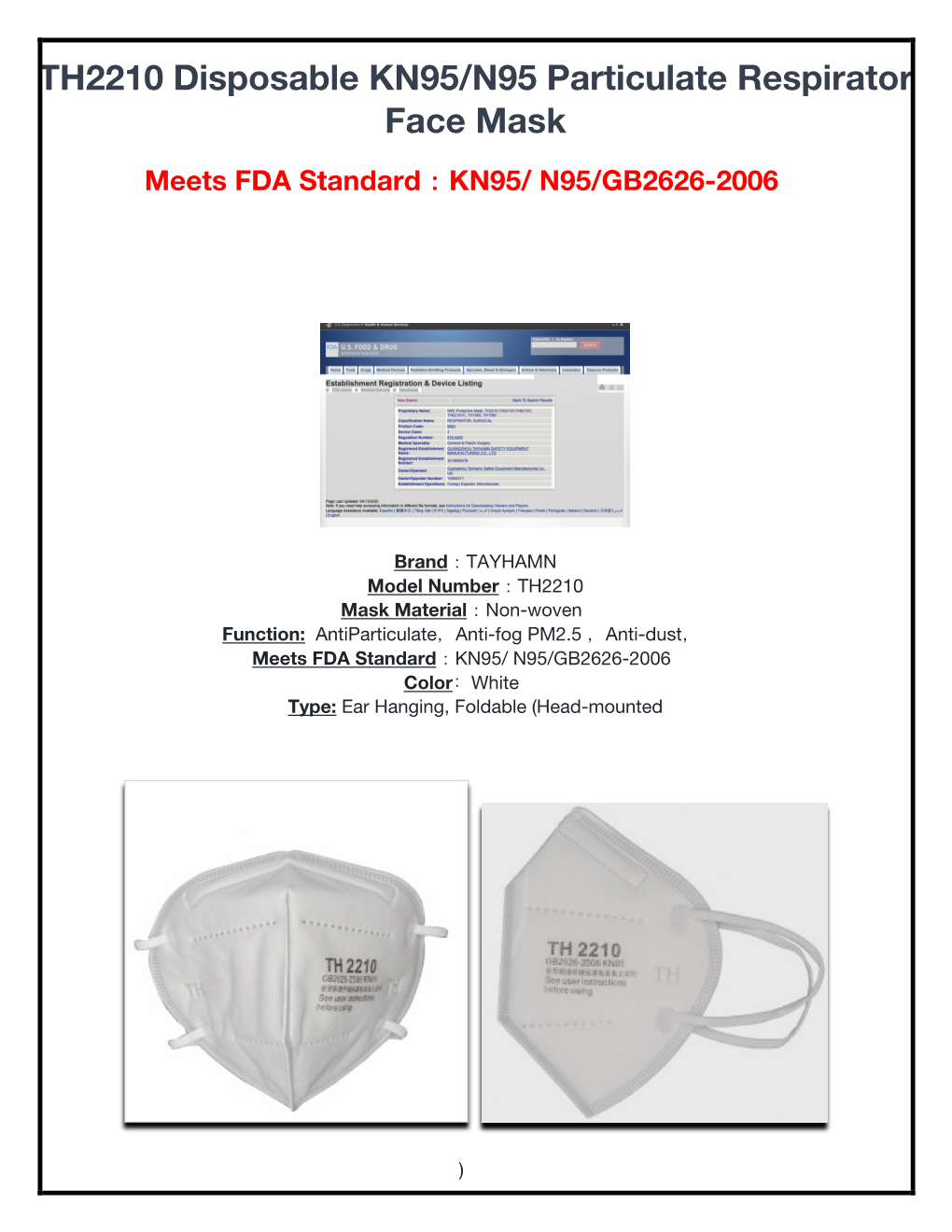 TH2210 Disposable KN95/N95 Particulate Respirator Face Mask Meets FDA Standard：KN95/ N95/GB2626-2006