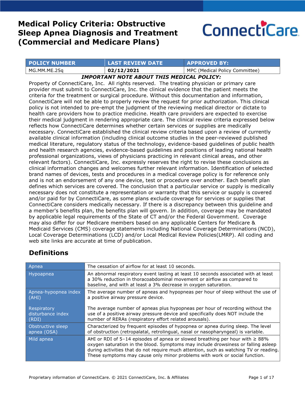 Obstructive Sleep Apnea Diagnosis and Treatment (Commercial and Medicare Plans)