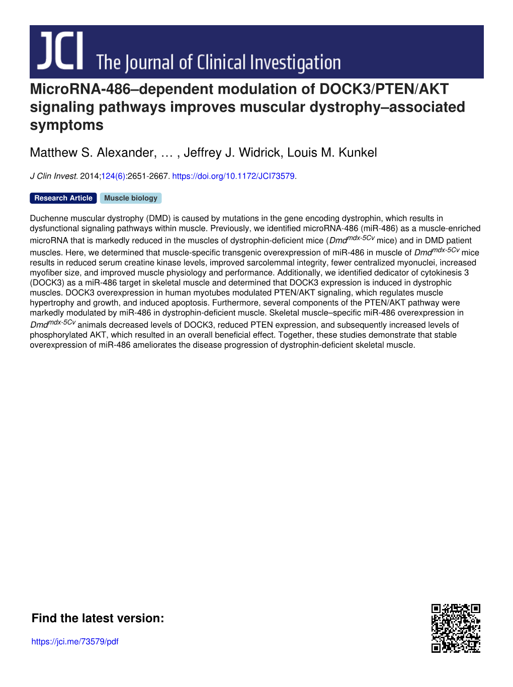 Microrna-486–Dependent Modulation of DOCK3/PTEN/AKT Signaling Pathways Improves Muscular Dystrophy–Associated Symptoms