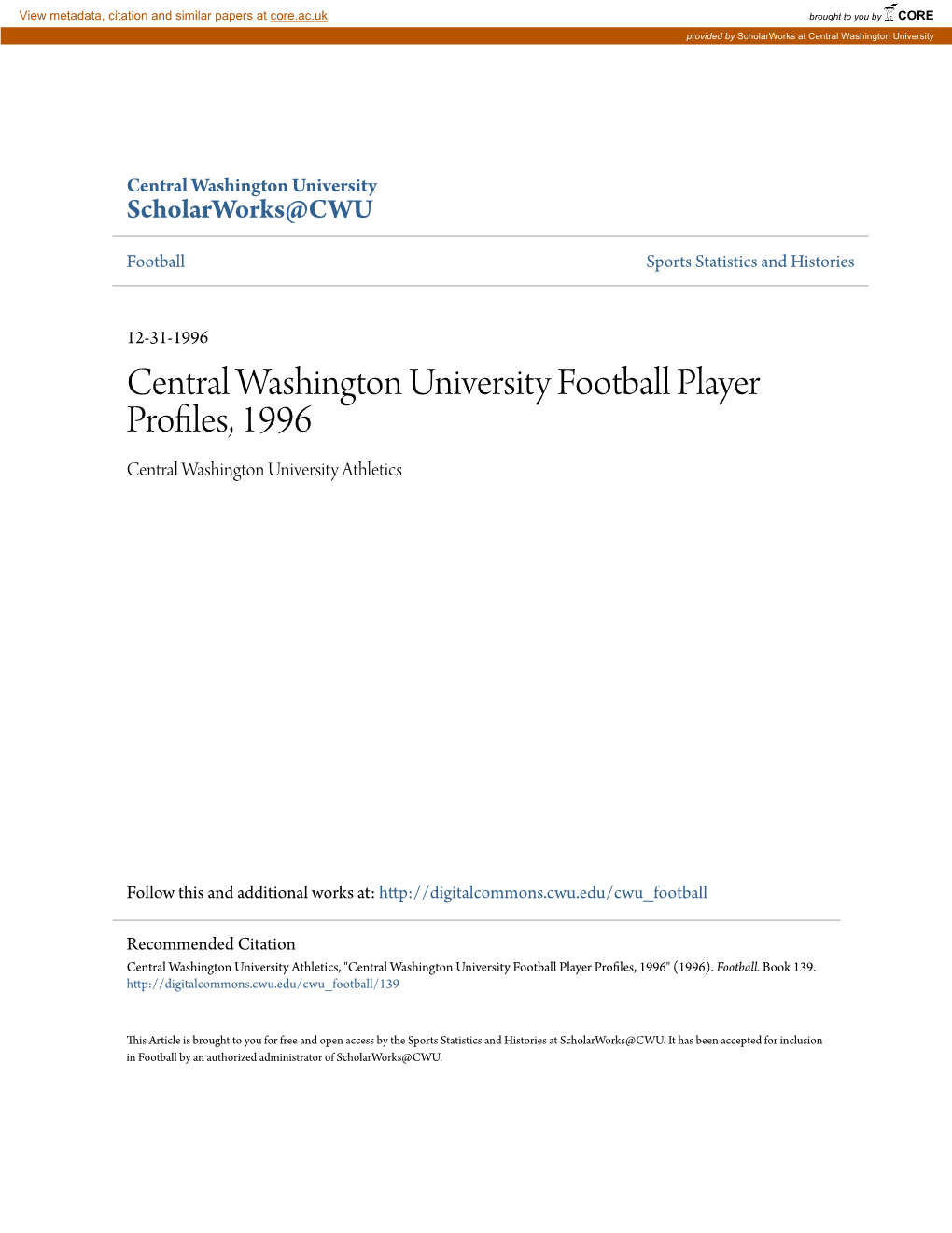 Central Washington University Football Player Profiles, 1996 Central Washington University Athletics