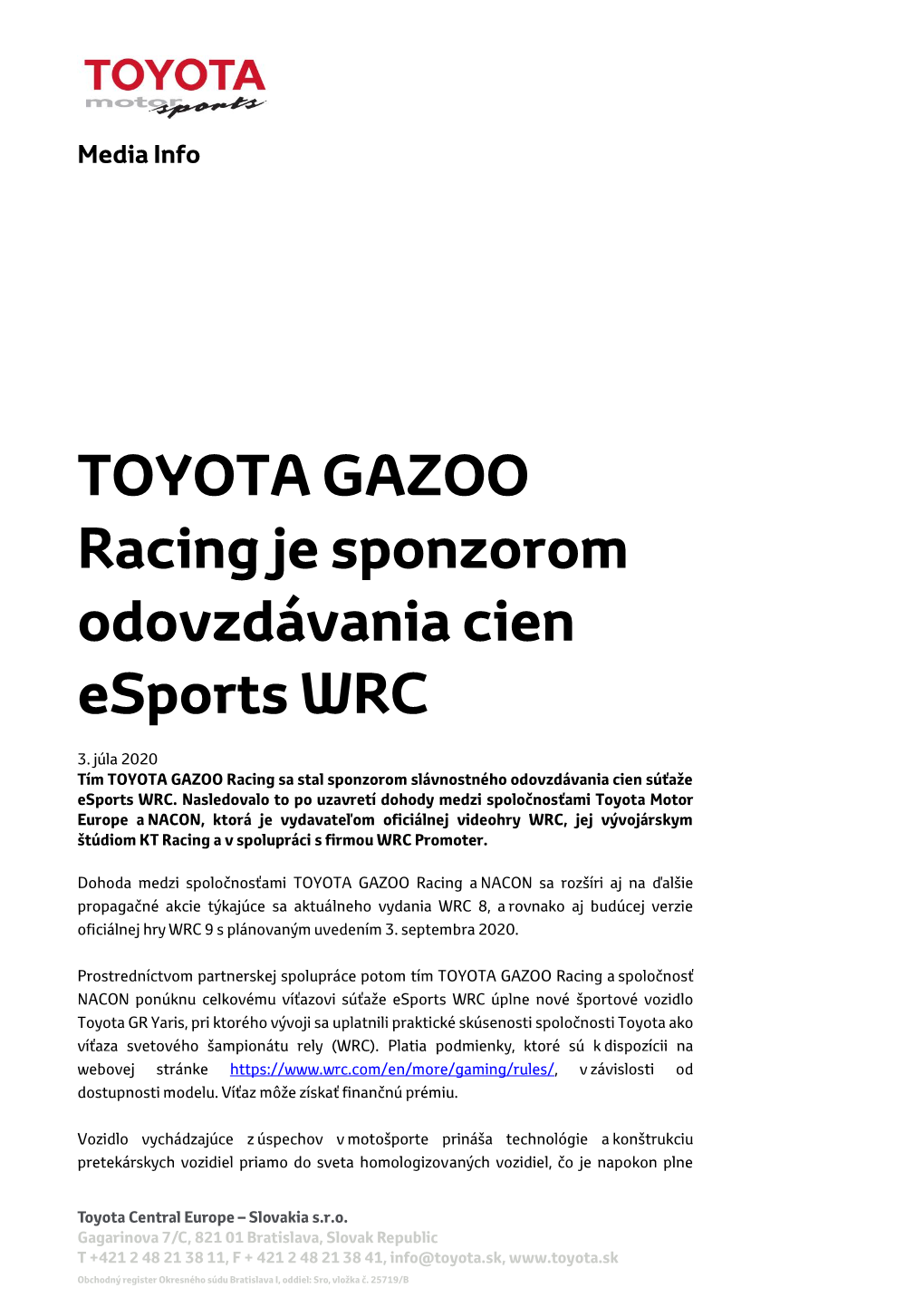 TOYOTA GAZOO Racing Je Sponzorom Odovzdávania Cien Esports WRC