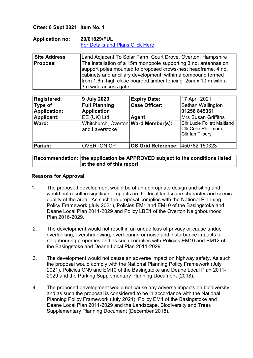 Cttee: 8 Sept 2021 Item No. 1 Application No: 20/01829/FUL for Details and Plans Click Here Site Address Land Adjacent to Solar